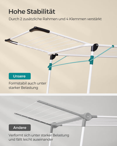 SONGMICS Wäscheständer, Standtrockner 56,5 x 173 x 96,5 cm, Flügelwäscheständer, Flügelwäschetrockner platzsparend, mit Sockenhalter, Metall, für Kleidung, Handtücher, Wäsche, weiß LLR518W01