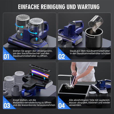 Milbensauger für Matratzen Milbenstaubsauger mit 253,7nm UV-Licht 16Kpa Absaugung Bürstenwalzenklopfen HEPA Filter Ultraschall Heißer Wind Funktion Bett-Staubsauger Verbreiterte Saugöffnung 500W Blau