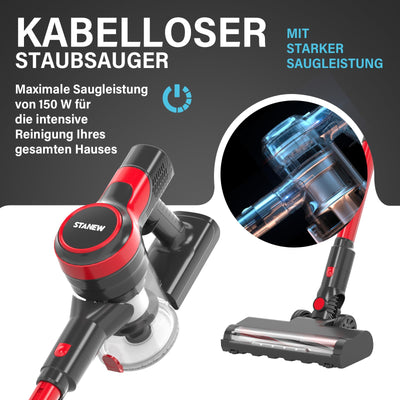 Stanew Akku Staubsauger, 4 in 1 Staubsauger Kabellos, 150W Leichter Handstaubsauger, 22,2V Akkusauger, 40Min Laufzeit, 800ml Vacuum Cleaner, Akkusauger für Teppich, Tierhaare, Auto