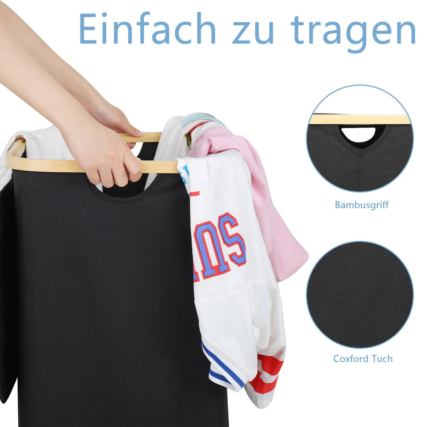 Wäschekorb -100L Waschbarer und hygienischer Groß Wäschesammler schmal mit herausnehmbarem Wäschesack-Wäschekorb mit Deckel & Bambusrand - Wäscheboxen - waschkorb (Schwarz)