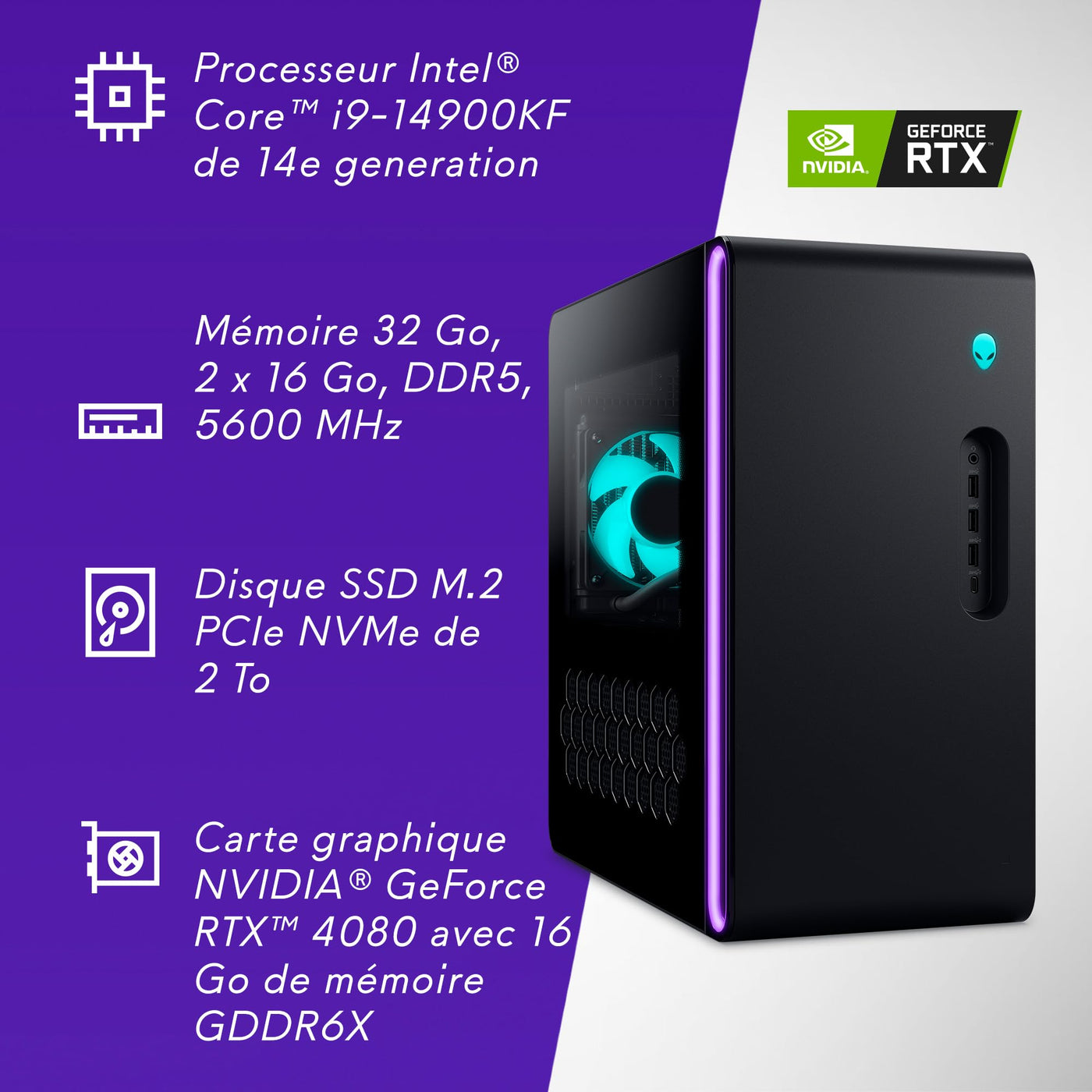 Alienware Aurora R16 RPL Gaming-Computer, Prozessor Intel Core i9 14900KF, 32 GB RAM, 2 TB SSD, Grafik NVIDIA GeForce RTX 4080 16 GB GDDR6X, Windows 11 Home, Basalt Black