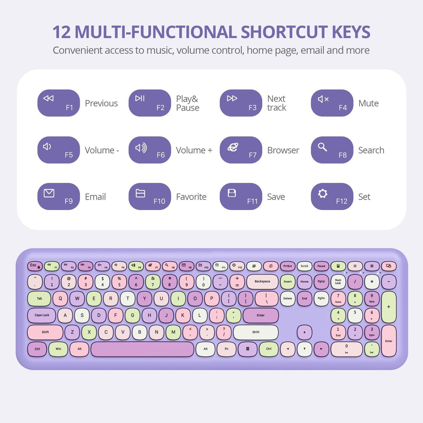 SOLIDEE Buntes kabellose Tastatur und Maus-Kombination,2.4GHz Retro Schreibmaschine Tastatur,104 Tasten in voller mit Ziffernblock,Leise membran Tastatur(Amerikanisch QWERTY)(Purple)