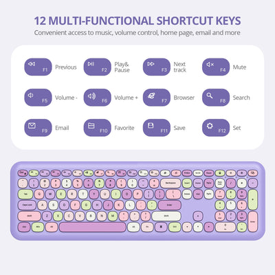 SOLIDEE Buntes kabellose Tastatur und Maus-Kombination,2.4GHz Retro Schreibmaschine Tastatur,104 Tasten in voller mit Ziffernblock,Leise membran Tastatur(Amerikanisch QWERTY)(Purple)