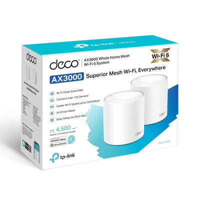 TP-Link Deco X50 Mesh WLAN Set (2 Pack), Wi-Fi 6 AX3000 Dual Band Router & Repeater, 3x Gigabit Ports für jede Einheit, empfohlen für Häuser mit 3-4 Schlafzimmern, Umfassender Jugendschutz, WPA3