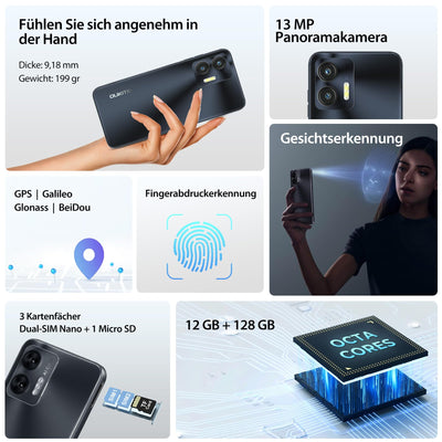 OUKITEL C36 (2023) Handy Ohne Vertrag, 12GB+128GB/1TB erweiterbar, 5150mAh 6.56" HD+ Display Android 13 günstig Smartphone 4G, Octa Core Prozessor, 13MP Panorama Kamera,Dual SIM 3 Steckplatz, Wi-Fi