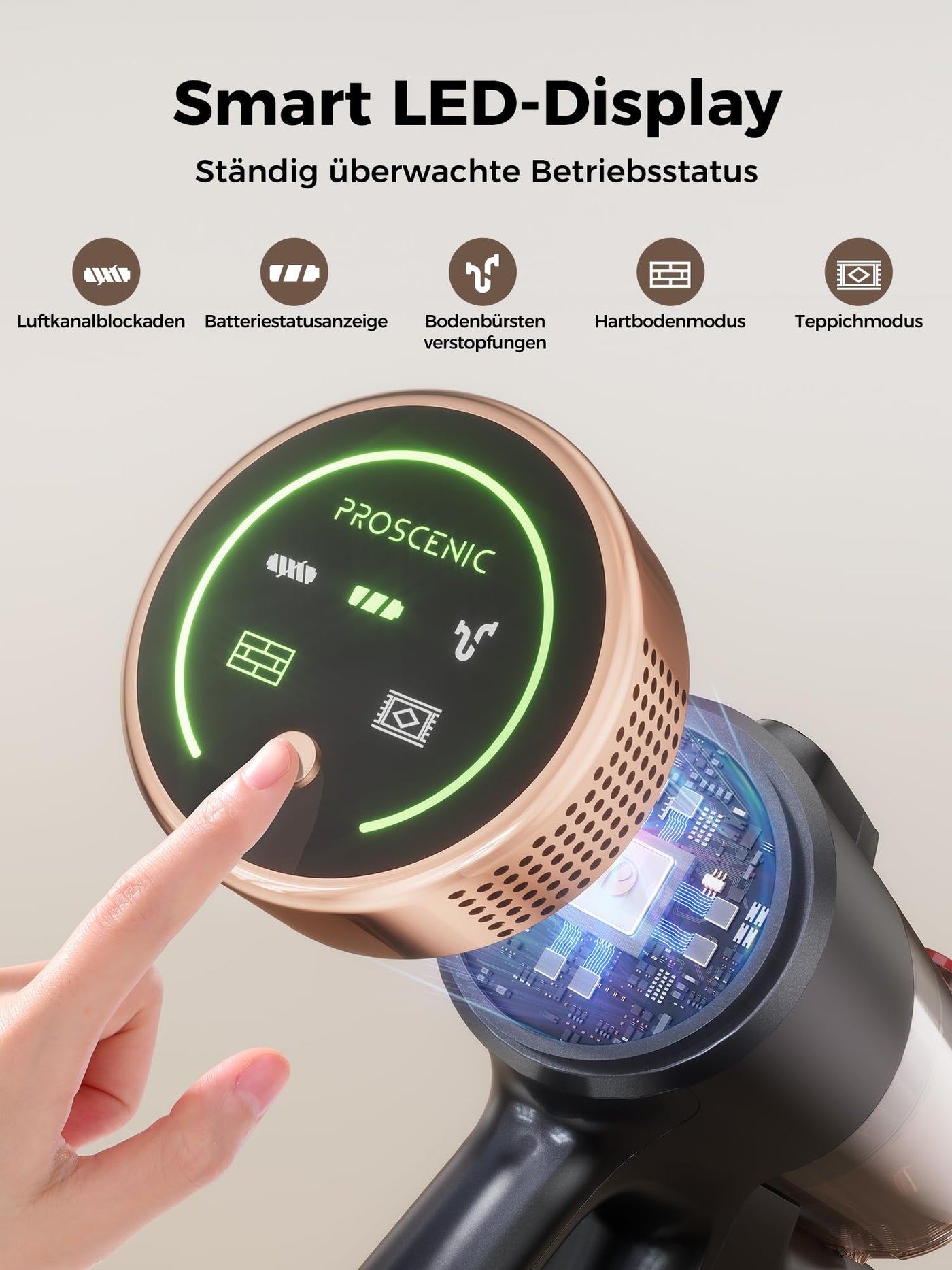 Proscenic P11 Ultra Staubsauger Kabellos, Leichter Selbststehend 40Kpa 40Min Akku Staubsauger mit Touchscreen Grün Licht Anti-Tangle, Stielstaubsauger für Teppich Hartböden Vorhang Auto Haustierhaare