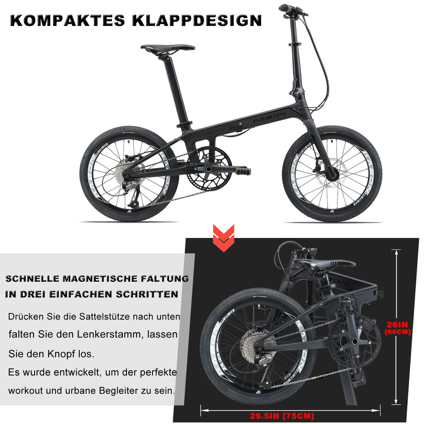 KABON Klapprad 20 Zoll Carbon, 9 Geschwindigkeit Faltrad mit Carbon Rahmen Ultraleichtes Mini Stadtfahrrad Faltrad Klapprad Herren Damen (Neu Schwarz)