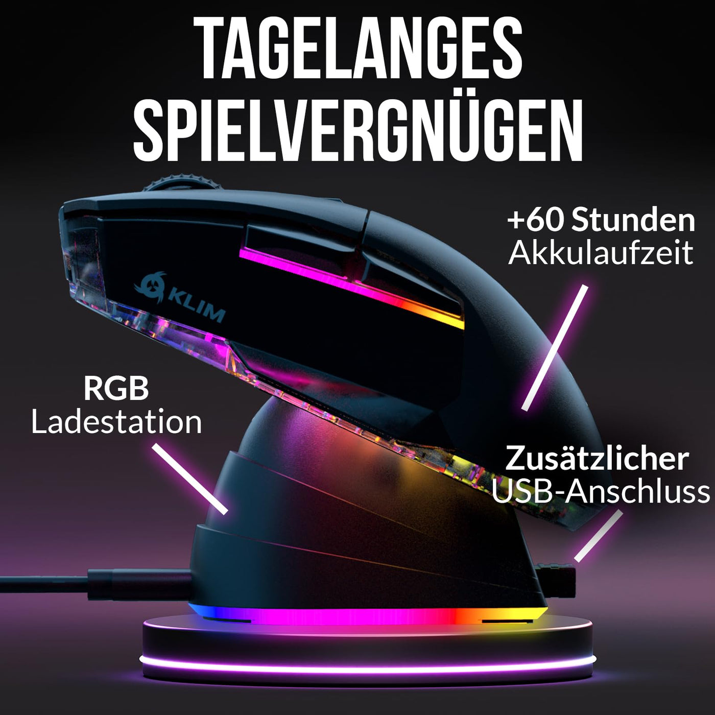 KLIM Blaze X RGB + NEU 2024 + Wiederaufladbare kabellose Gaming-Maus mit Ladestation + Langlebiger Akku + Bis zu 12000 DPI + Kabelgebundene & kabellose Maus PC, PS5, PS4, Mac + Schwarz