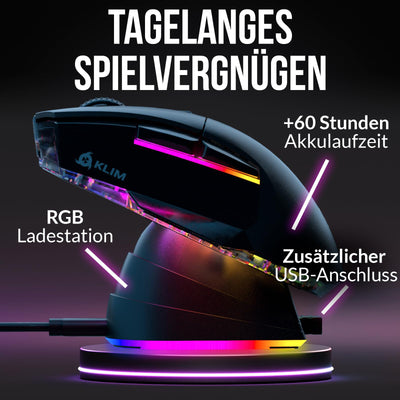 KLIM Blaze X RGB + NEU 2024 + Wiederaufladbare kabellose Gaming-Maus mit Ladestation + Langlebiger Akku + Bis zu 12000 DPI + Kabelgebundene & kabellose Maus PC, PS5, PS4, Mac + Schwarz
