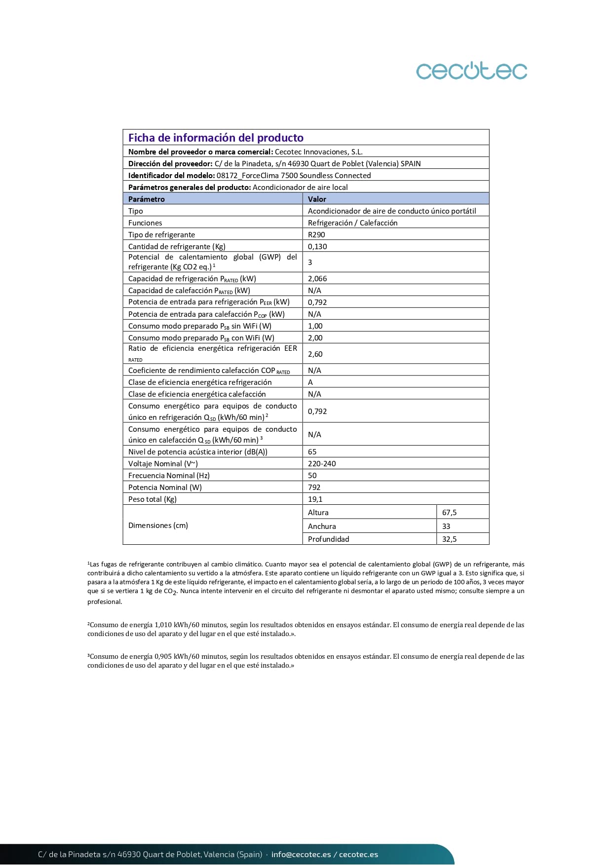 Cecotec Tragbare Klimaanlage mit Fernbedienung und WiFi Forceclima 7500 Soundless verbunden. 7000 BTU, Touch Control und LED -Bildschirm, Timer, Abdeckung von bis zu 20 m2