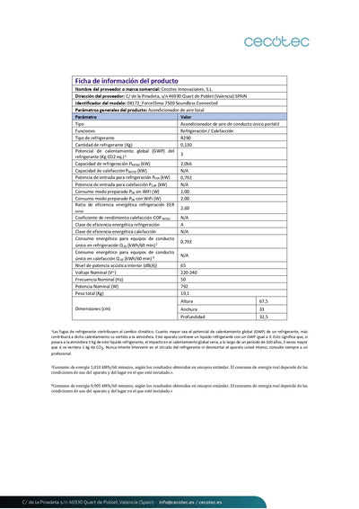 Cecotec Tragbare Klimaanlage mit Fernbedienung und WiFi Forceclima 7500 Soundless verbunden. 7000 BTU, Touch Control und LED -Bildschirm, Timer, Abdeckung von bis zu 20 m2
