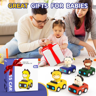 MOONTOY Auto Spielzeug ab 1 Jahr Jungen und Mädchen,4 Stück Spielzeugauto Baby-Tier-Rennwagen,Press-and-Go Spielfahrzeug Set für Kleinkinder 10 12 18 Monate,Geschenk für Kinder ab 1 2 3 Jahr