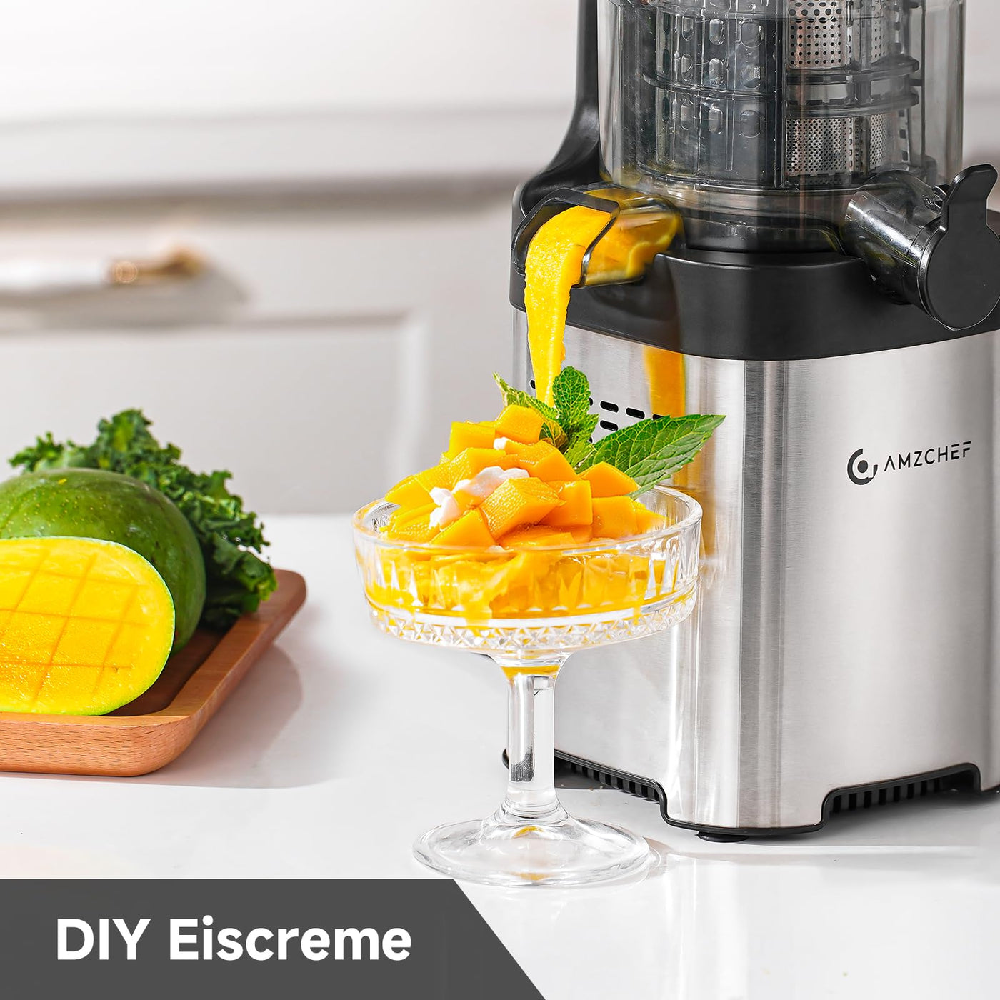 AMZCHEF Entsafter - Slow Juicer mit 135MM Breite und Größere Fütterungsröhre für Ganze Gemüse und Obst - Leicht zu Reinigender Entsafter mit 2 Gläsern - Silber