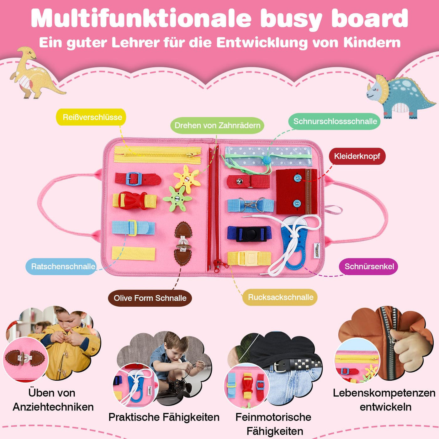 JHkim Busy Board Deutsch Montessori Spielzeug ab 1 2 3 4 Jahre, Jungen & Mädchen, Kinder Sensorik Geschenk, Activity Board Lernspielzeug, Motorikspielzeug für Reise Auto & Flugzeug