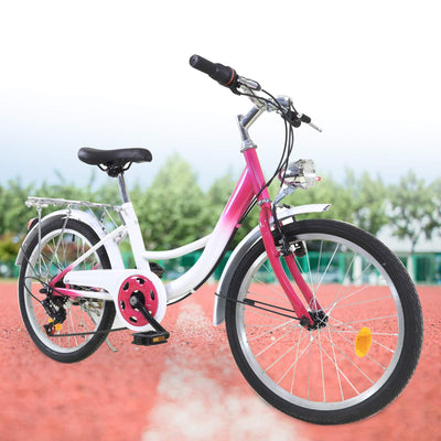 Fetcoi Kinderfahrrad,20 Zoll 6 Gang Kinder Fahrrad Jungen MäDchen Fahrrad Bike Bicycle Mit Lampe(Rosa + Weiß)
