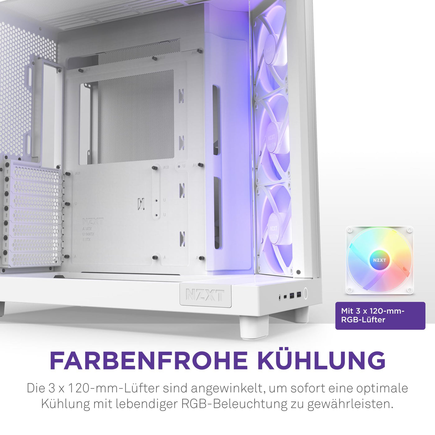 NZXT H6 Flow RGB | CC-H61FW-R1 | Kompaktes Mid-Tower Gehäuse mit zwei Kammern | Inklusive 3 x 120 mm-Lüfter RGB | Glaspaneele mit Panoramablick | Hochleistungs-Airflow-Panels | Weiß