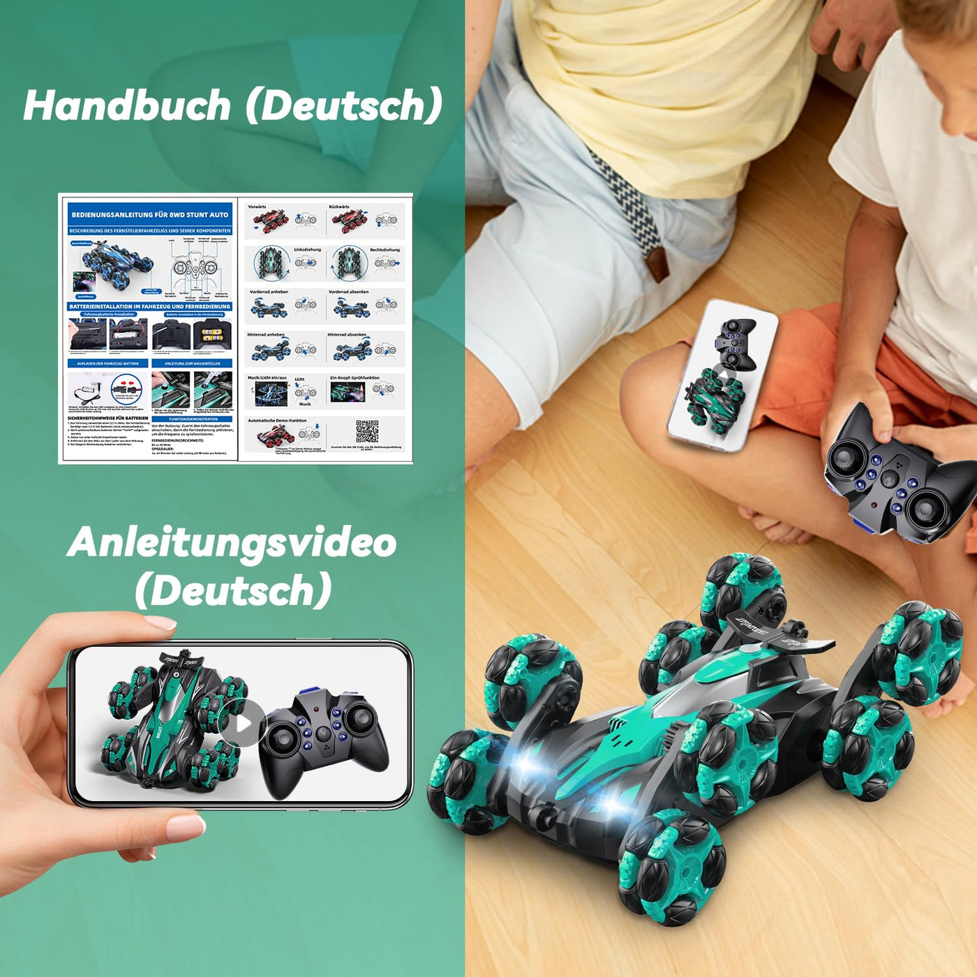 Ferngesteuertes Auto, 1:16 Auto mit Fernbedienung ab 5 6 8 Jahre, 2,4 GHz Stunt Auto Ferngesteuert mit Handsteuerung ab 6 Jahre, 8 Räder, Sprühnebel-LED-Musik, Spielzeug ab 4 5 6 7 8 9 Jahre Junge