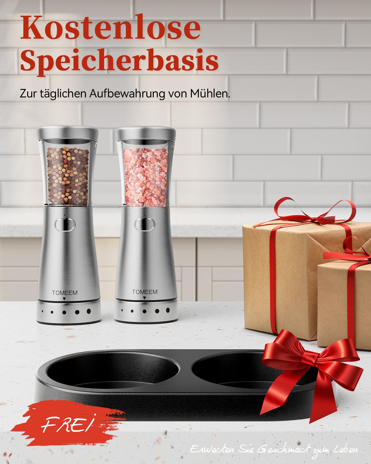 Salz und Pfeffermühlen elektrisch 2er Set aus Edelstahl (Wiederaufladbar, LED Beleuchtung, mit einstellbarem Keramikmahlwerk, Reinigungsbürste Bürste) Gewürzmühle elektrisch