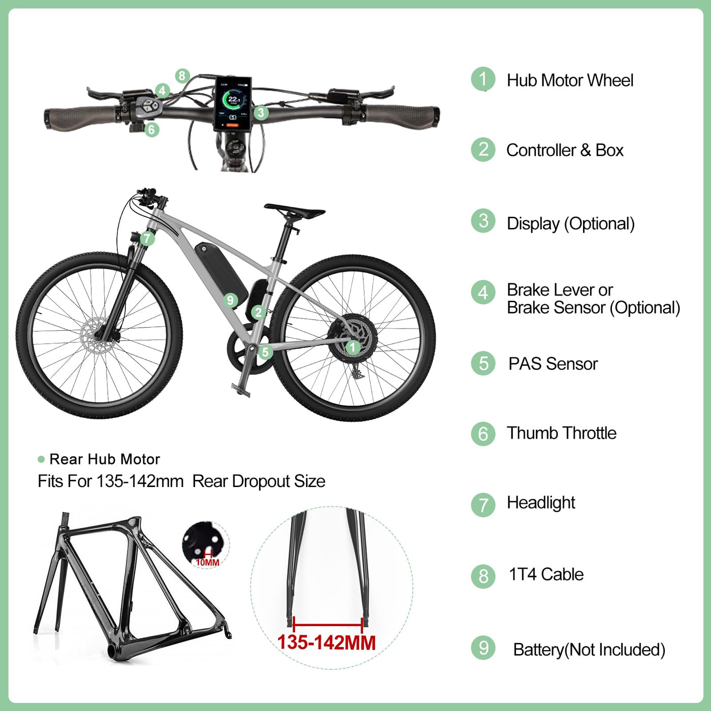 Varstrom Ebike Umbausatz 48V 1000W Hinterradmotor mit Optionale Batterie und Display Elektrofahrrad Conversion Kit für 26" 27,5" 28" 29" 700C für Hinterräder