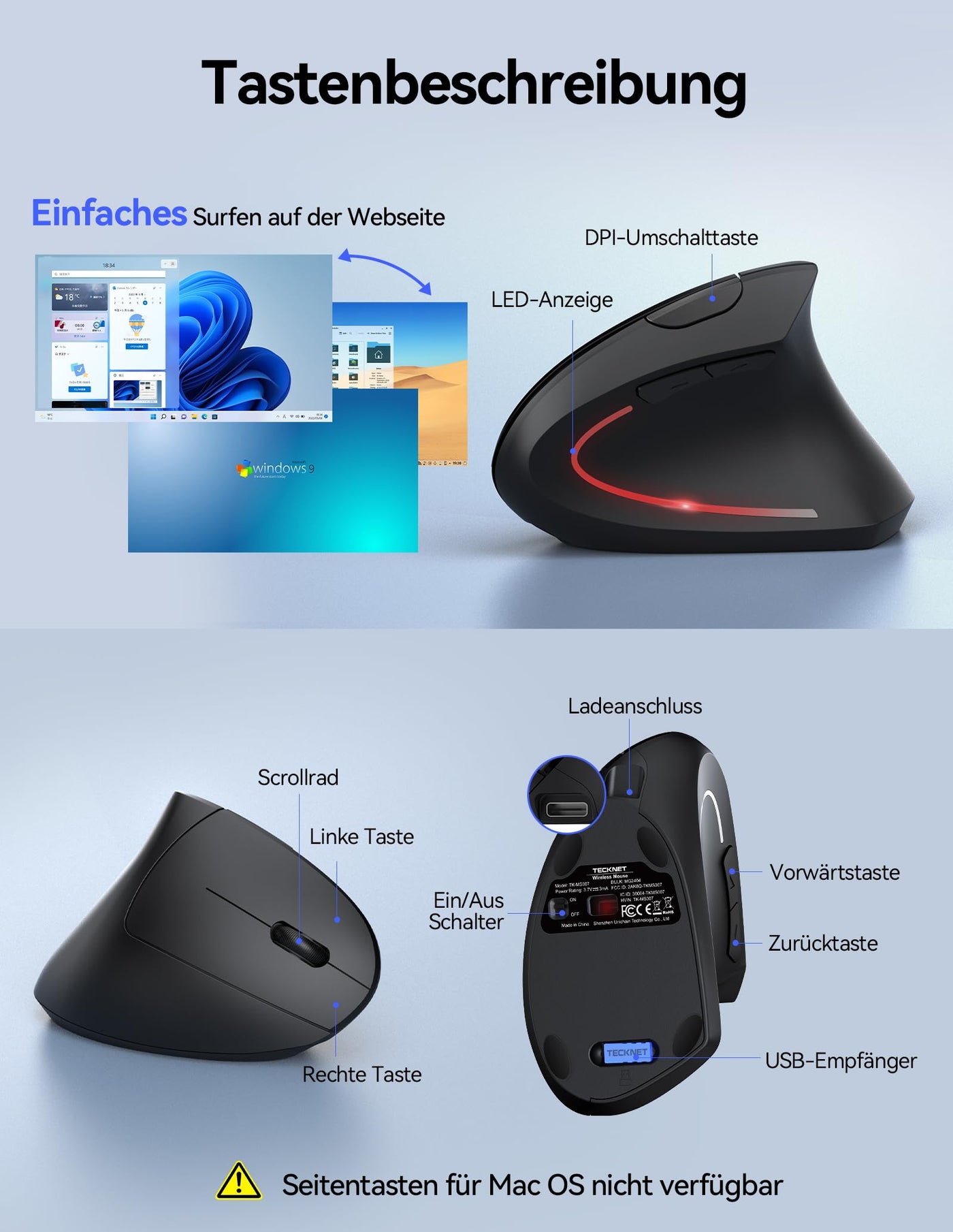 TECKNET Wiederaufladbar Ergonomische Maus Kabellos, 2.4G Optische Vertikale Maus Ergonomisch, 5 Einstellstufen bis 4800DPI, Leise Wireless Vertical Mouse mit 6 Tasten für Laptop, PC, Windows, Mac OS
