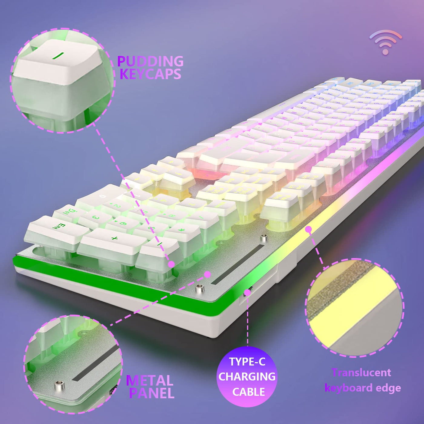 MAMBASNAKE L96 Kabellose Tastatur Und Maus Kombination, Wiederaufladbare 3000-mAh-RGB-Tastatur in Voller Größe Mit Pudding-Tastenkappen, Optische Mäuse Mit 4800DPI, Mechanische Tastatur Und Maus-Weiss
