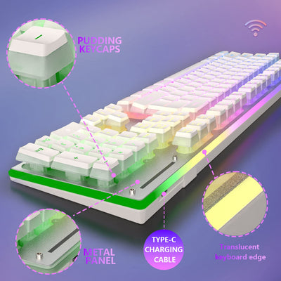 MAMBASNAKE L96 Kabellose Tastatur Und Maus Kombination, Wiederaufladbare 3000-mAh-RGB-Tastatur in Voller Größe Mit Pudding-Tastenkappen, Optische Mäuse Mit 4800DPI, Mechanische Tastatur Und Maus-Weiss