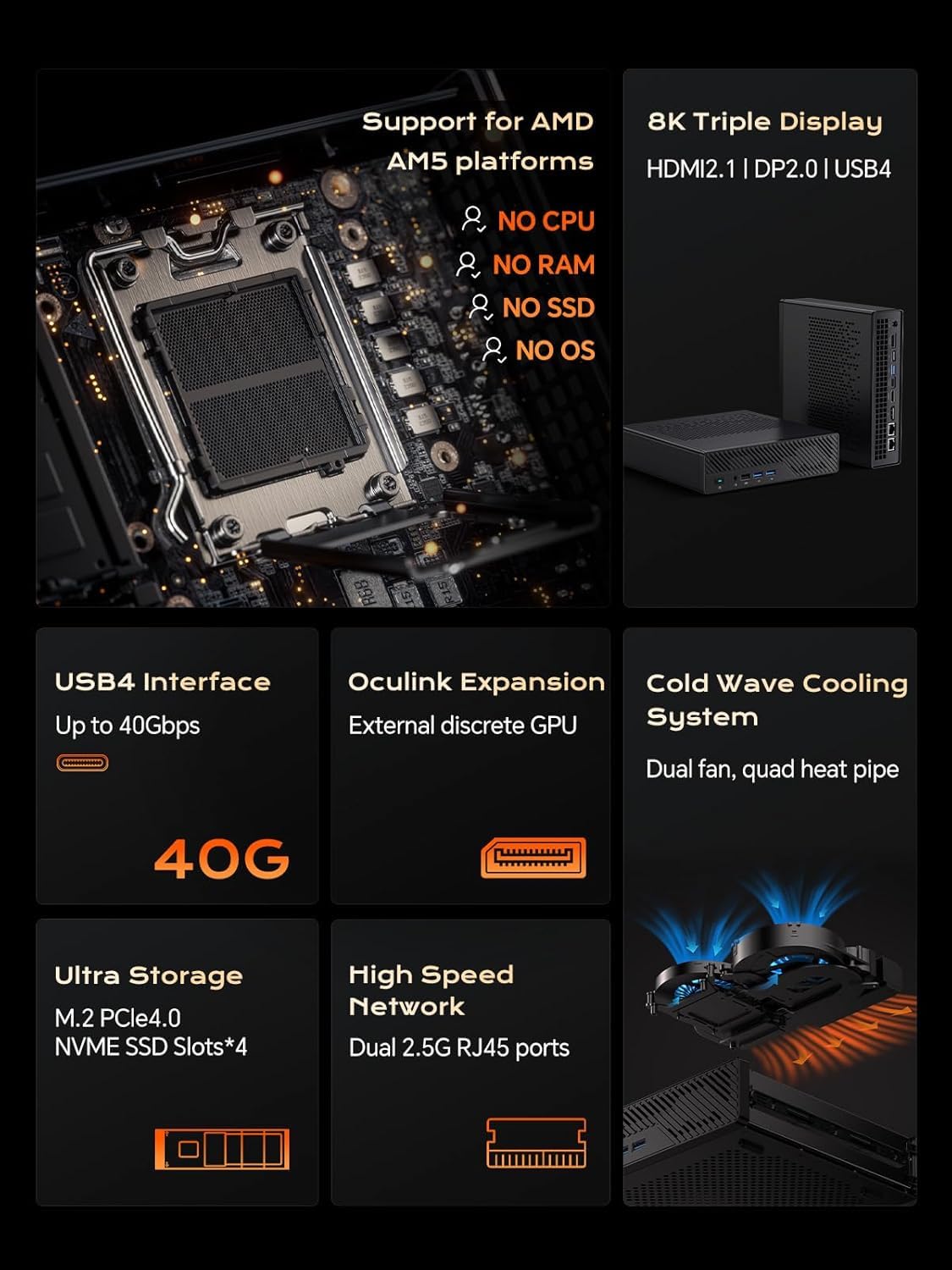 MINIS FORUM MS-A1 Mini Workstation, Barebone Version ohne CPU/RAM/SSD/OS Mini PC, DDR5/M.2 2280 NVME SSD, 2,5G LAN x 2, 4X PCIe SSD-Steckplatz, HDMI/DP/USB-C Dreifachanschluss, USB3.0x3