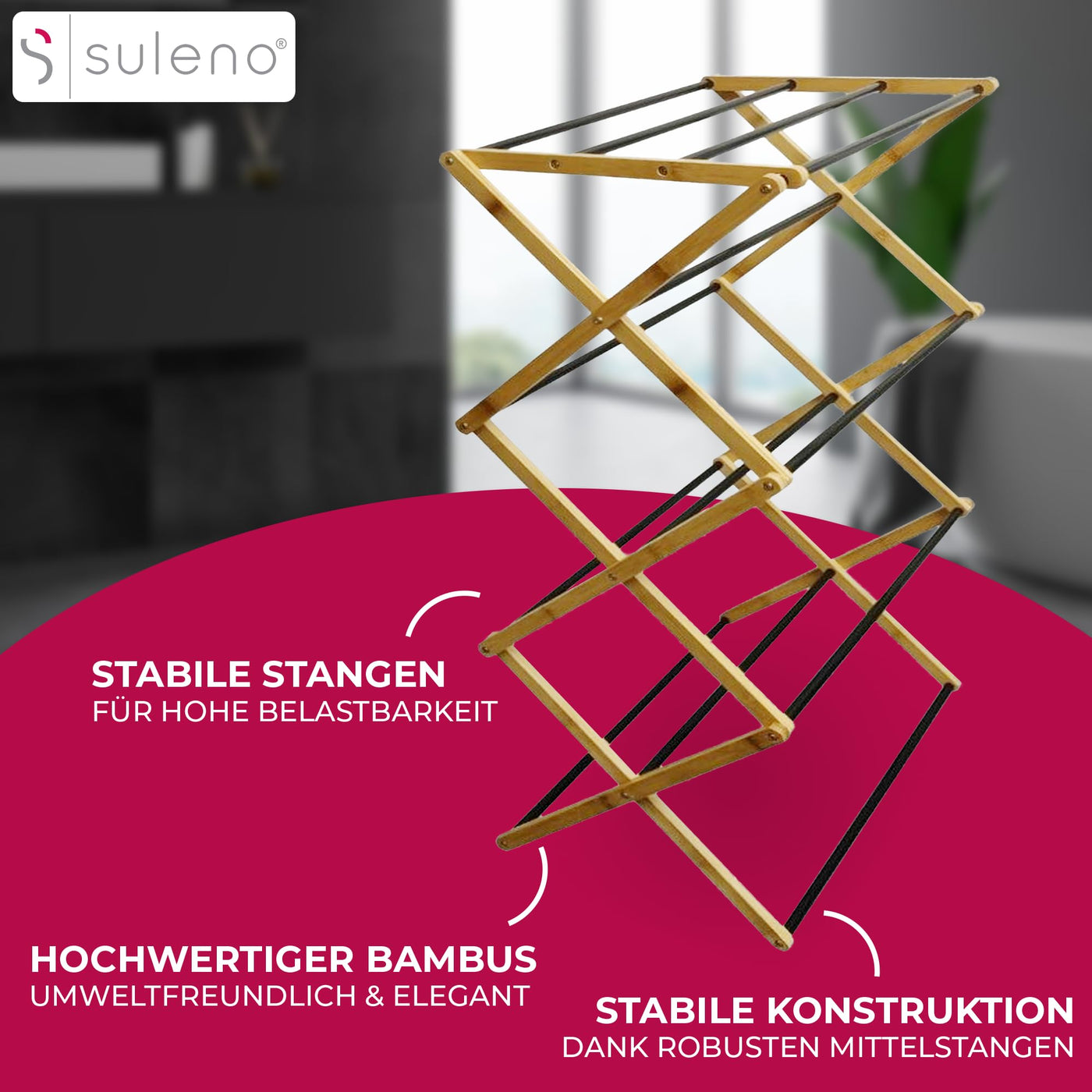 Suleno® Bambus Wäscheständer Bali, 57x113cm Klappbar & Ausziehbar, Platzsparend, 11 Metallstangen, 6 Ebenen, Leicht, Ideal für kleine Wohnungen, Enge Räume & Balkon, Innen/Außen, Umweltfreundlich