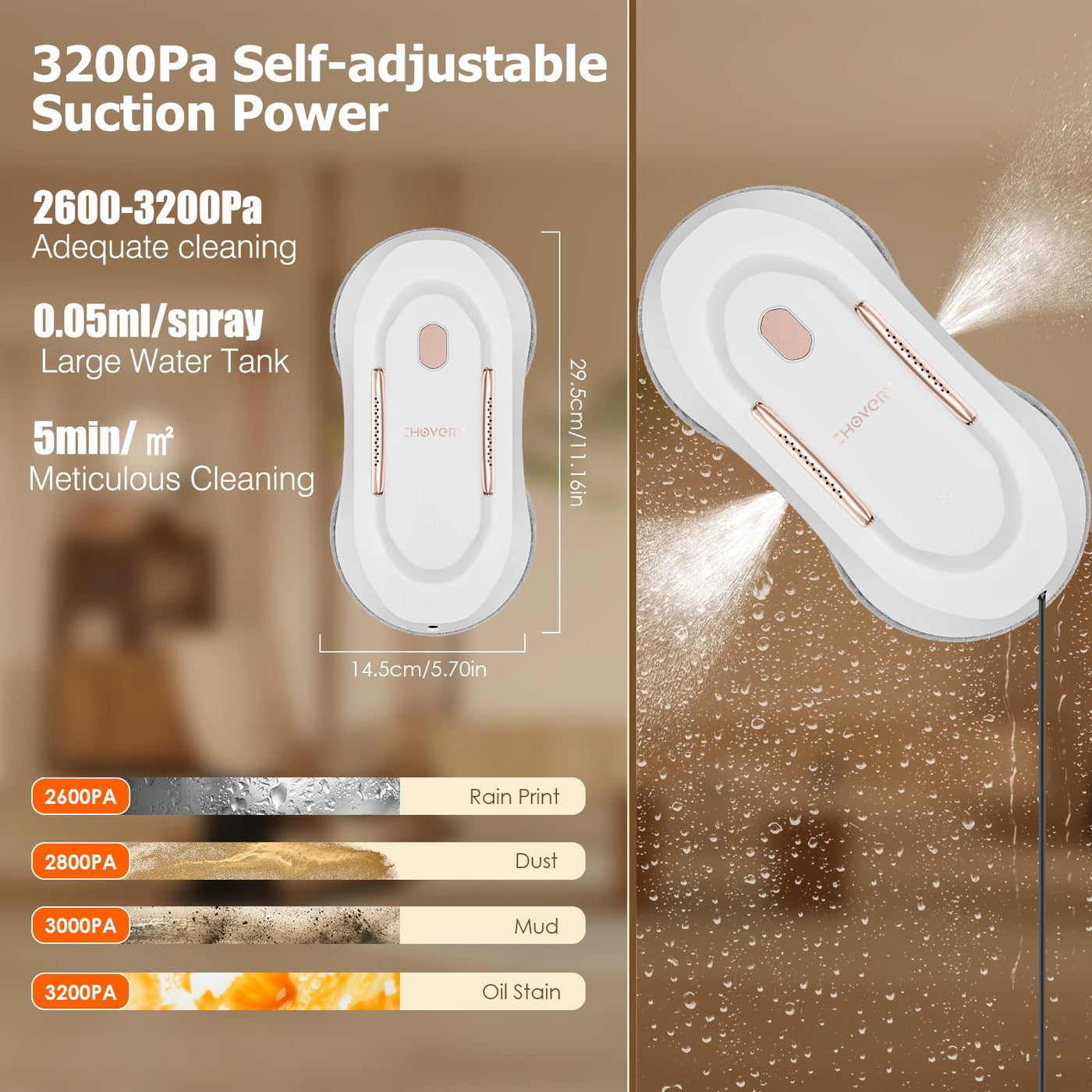 CHOVERY 3000Pa Fensterputzroboter, Fensterroboter mit Sprühfunktion, Automatischer Fensterputzer, Fensterreiniger Roboter Elektrisch mit Dual-Wasserspray, CL3