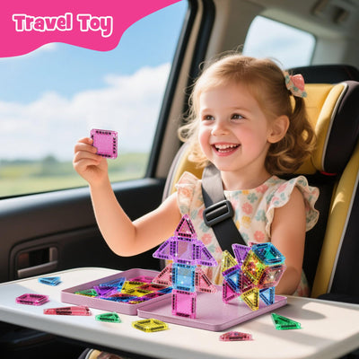 Reise Magnetische Tiles Glitzer Konstruktion Set 42pcs Reisespielzeug für Kinder MINT- Magnetische Fliesen mit Eisenkastenbasis, Magnetische Bausteine Reise Spielzeug Geschenk für 3+ Jahre Mädch
