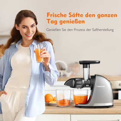 AMZCHEF Entsafter Gemüse und Obst Testsieger - Entsafter Slow Juicer mit Rückwärts-Kau-Funktion - Zartes Zerkleinern ohne Filtern - Saftpresse Elektrisch mit Bürste und 2 Tassen - Silber