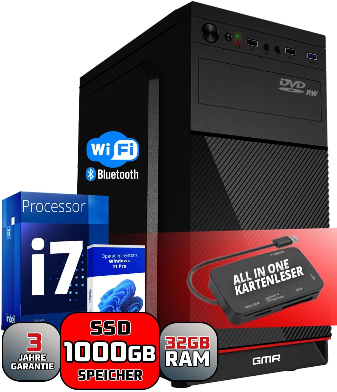 Intel Core i7 Multimedia PC Komplett - Schneller Computer für Büro & Home Office | 32GB RAM | 1000GB SSD | DVD+RW | USB3.0 | WLAN | Windows 11 Pro | WiFi 600 und Bluetooth 5