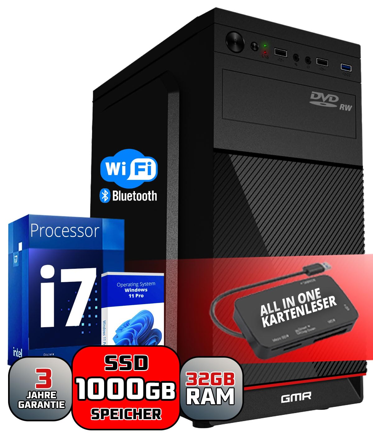 Intel Core i7 Multimedia PC Komplett - Schneller Computer für Büro & Home Office | 32GB RAM | 1000GB SSD | DVD+RW | USB3.0 | WLAN | Windows 11 Pro | WiFi 600 und Bluetooth 5