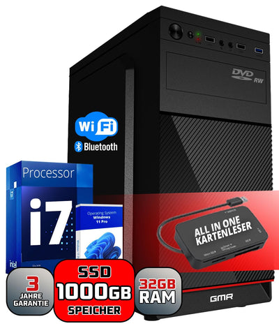 Intel Core i7 Multimedia PC Komplett - Schneller Computer für Büro & Home Office | 32GB RAM | 1000GB SSD | DVD+RW | USB3.0 | WLAN | Windows 11 Pro | WiFi 600 und Bluetooth 5