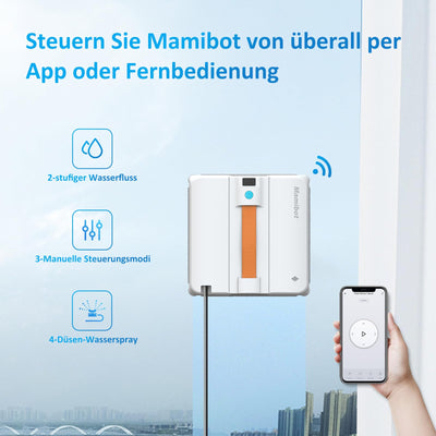 Mamibot W120-DP Fensterputzroboter, Sprühfunktion, intelligente Pfadplanung, doppelter Kreuz-Wasserstrahl, Fern- und App-Steuerung für Glasreinigung, Weiß/Blau