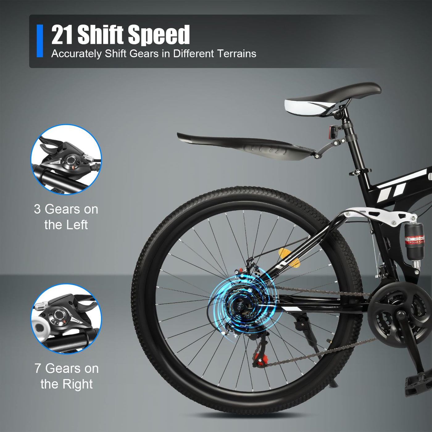 KLOOLIVE Mountainbike Faltrad 21 Gang 26 Zoll Klapprad Erwachsene Fahrrad Verstellbares MTB mit Scheibenbremse Warnlicht Schwarz