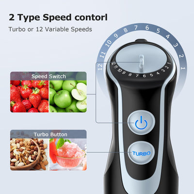 FRESKO 4-in-1 Stabmixer Edelstahl, 1000W Pürierstab mit 12 Geschwindigkeiten und Turbo-Modi, Inklusive Schneebesen, 500ml Lebensmittelhacker und 700ml Messbecher, für Babynahrung, Suppe, Smoothies