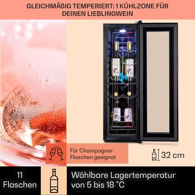 Klarstein Weinkühlschrank, 1 Zonen Getränkekühlschrank Klein, Kleiner Weinschrank 32L, Wein-Kühlschrank Klein mit Glastür, Indoor/Outdoor Flaschenkühlschrank, Wine Fridge 5-18°C, 12 Flaschen