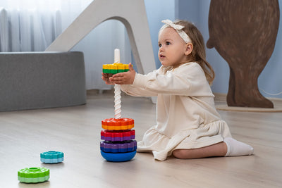 FANCY 40 cm groß Stapelturm Baby Kinderspielzeug ab 1 2 3 Jahre Farbring Pyramide mit Spiralgewinde Zahnradspiel Ringstapelturm Ringpyramide Stapel Ringe für Kinder und Baby
