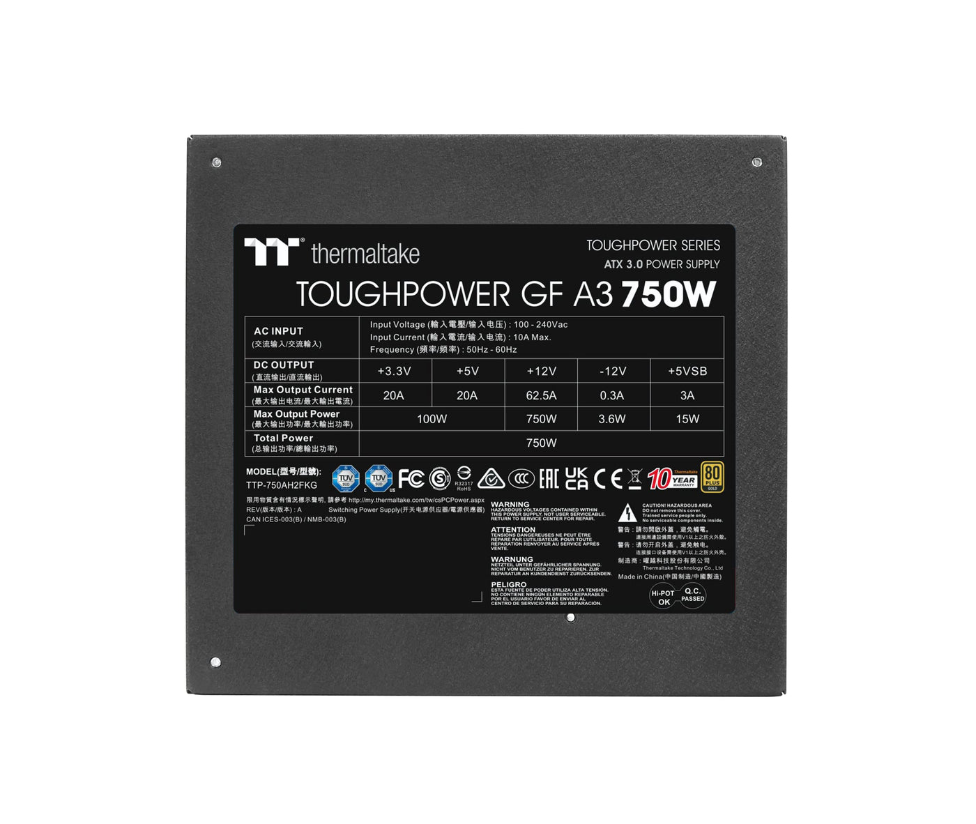 Thermaltake Toughpower GF A3 750W | PC-ATX-3.0-Netzteil | PCIe Gen 5.0 | 80-Plus-Gold | voll-modular | leiser 140 Lüfter | EU Zertifiziert