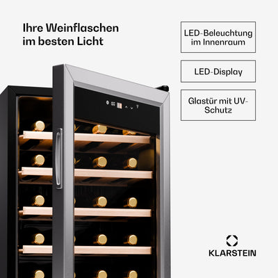 Klarstein Weinkühlschrank,1 Zone Getränkekühlschrank, Leiser Indoor/Outdoor Kühlschrank, 63 Liter Flaschenkühlschrank Klein, Weinschrank für Getränke, Weinkühler für 24 Flaschen, 5-18°C