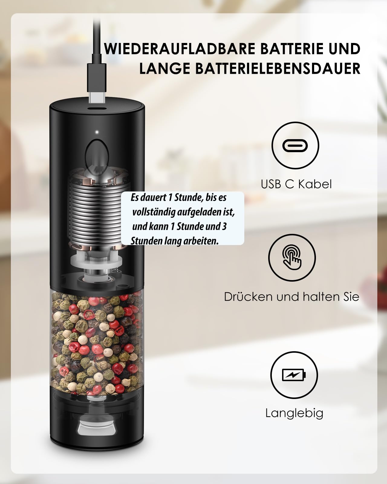 IIRARA Salz und Pfeffermühlen elektrisch 2er Set mit einstellbarem Keramikmahlwerk, Gewürzmühle elektrisch mit LED-Licht Type-c Wiederaufladbar Einhandbedienung mit Reinigungspinsel Löffel schwarz