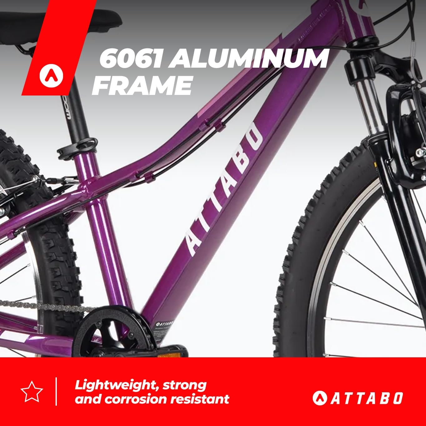ATTABO Kinder-MTB JR Mountainbike mit Aluminiumrahmen 12" Violett Kinderfahrrad mit 24" Rädern mit Zubehör Ergonomischer Lenker V-Brake Verstellbarer Sattel 8-Gang-Kettenschaltung