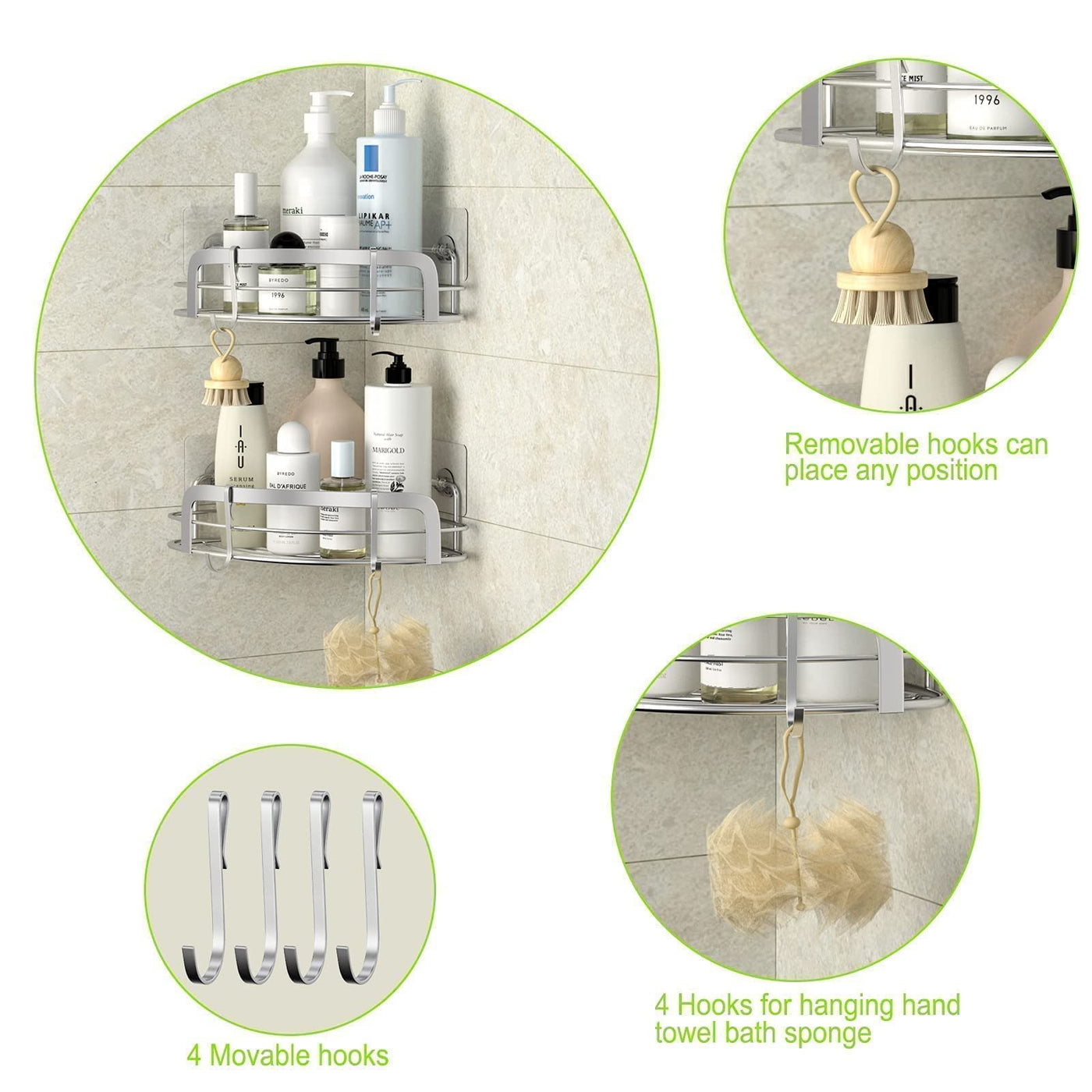 STEUGO Duschablage Ohne Bohren, Duschablage 2er Pack mit 4 Haken, Rostfreier Stahl Wandmontiertes Badezimmer Regal Bad ZubehöR, Shampoo Halterung für Dusche