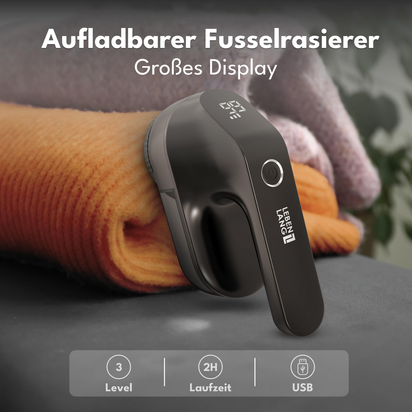 LEBENLANG Fusselrasierer Elektrisch 2000mAh - Inkl. LED Anzeige & Reinigungspinsel I Bis zu 2h Laufzeit I Flusenrasierer für Kleidung Fusselentferner Kleidung Lint Remover Fuselrasier Flusenentferner