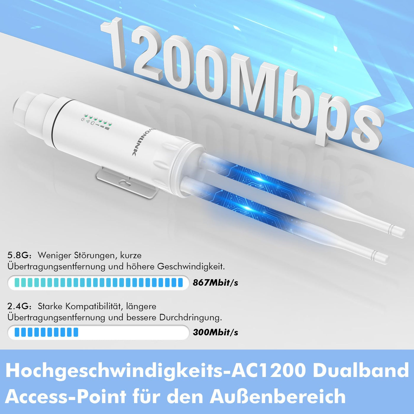 WONLINK Outdoor WLAN Access Points, AC1200 Wetterfeste Outdoor WLAN Repeater Dualband Outdoor Wireless WLAN Access Point mit PoE-betrieben, IP66 Wasserdicht, Unterstützung von Repeater/AP/Router Modus
