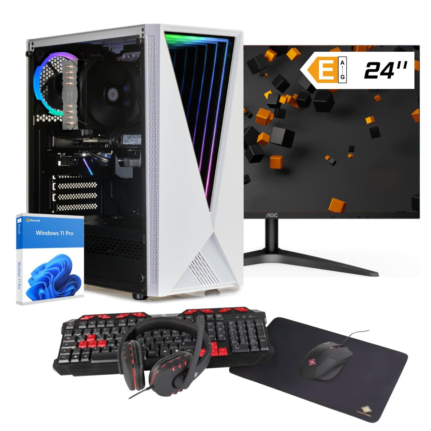 dcl24 Gaming PC Set komplett AMD Ryzen 5 4500, GTX1650 4GB - 500GB SSD, 16GB DDR4, Gamer PC mit 6x4.1 GHz, WLAN, 24" Monitor, Maus, Tastatur, Headset, Windows 11 Pro [19641]