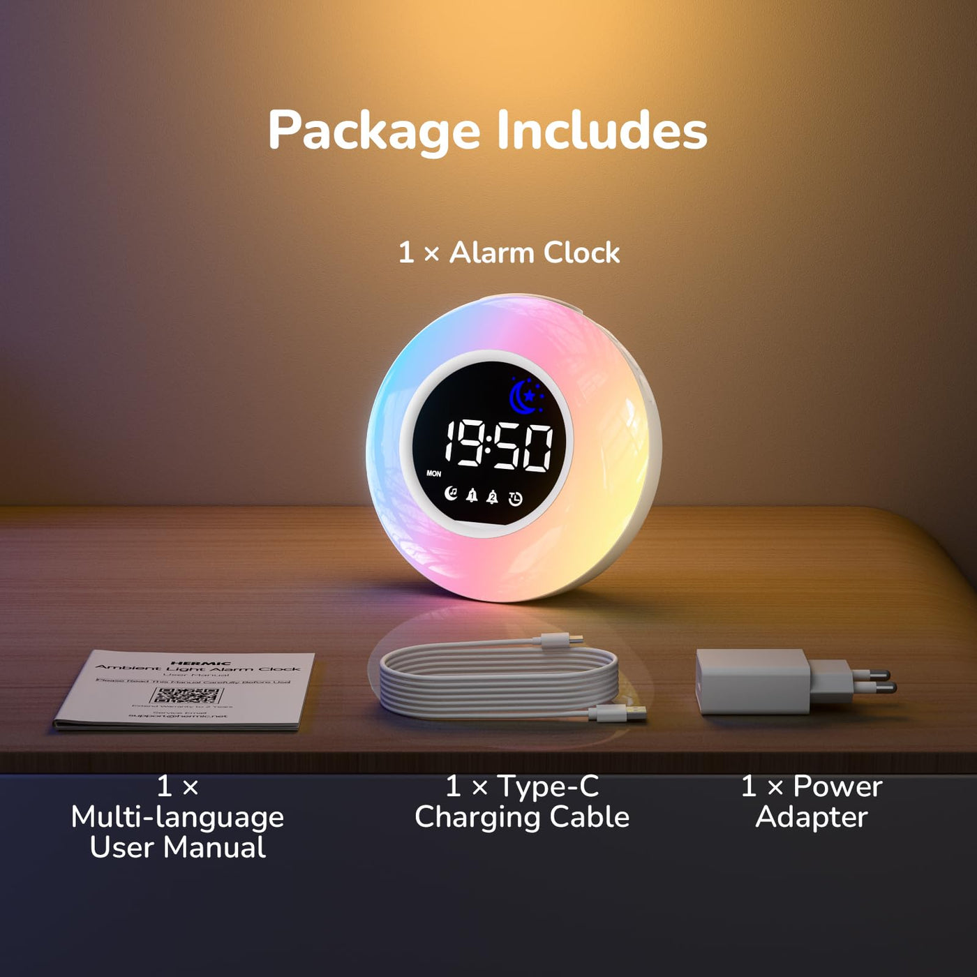 HERMIC Wecker Digital, Kinderwecker mit Nachtlicht, 12 White Noise, 2 Alarme, Snooze und Timer, Einstellbare Helligkeit und Lautstärke, Wecker Kinder für Schulanfänger Mädchen Jungen, Netzbetrieben