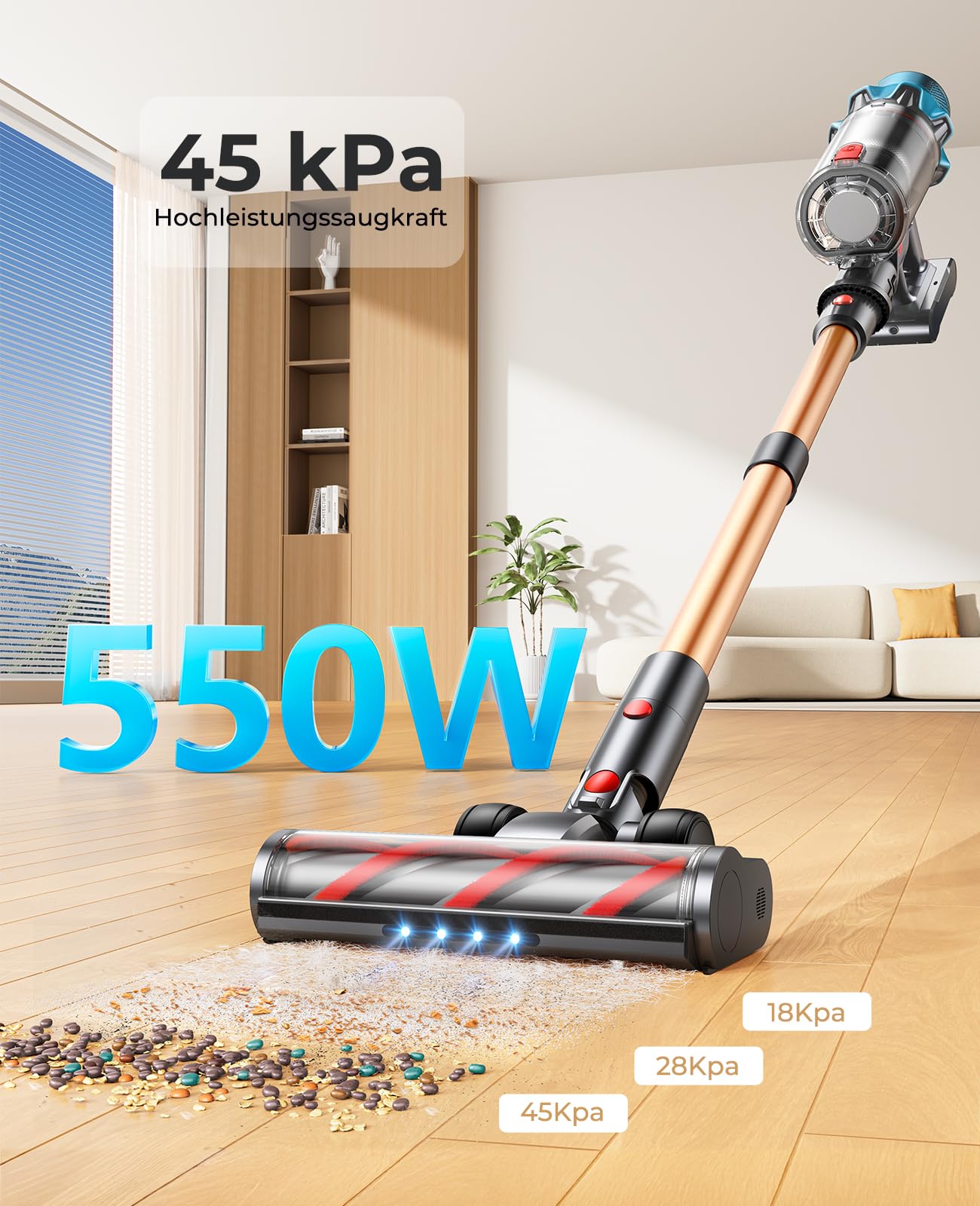 Fieety 550W/45KPa/60Min Akku Staubsauger, 8-in-1 Staubsauger Kabellos mit Wandmontierte Ladestation, 1M Ausziehbarer Schlauch, Sofabürste, Touchscreen, 1.5L, für Tierhaare/Teppiche/Hartböden/Auto