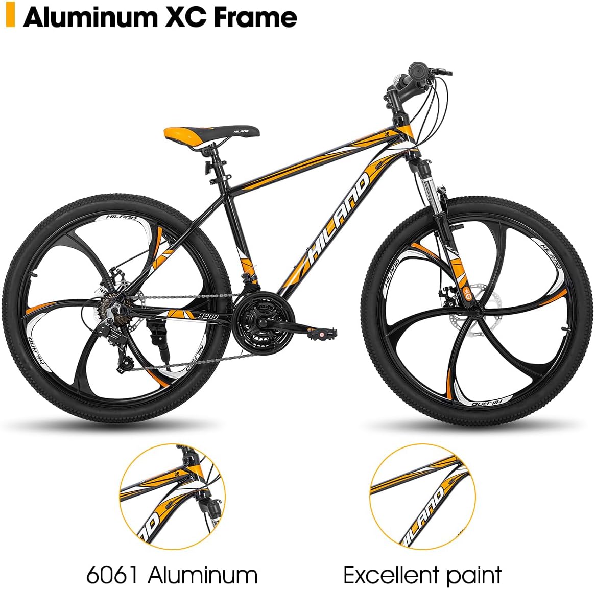 Hiland Mountainbike, 6 Speichen, 21 Gänge Schaltung, Aluminium Rahmen 26 Zoll Räder, Scheibenbremse Fahrrad für Männer Frauen Herren MTB-Fahrrad, Orange